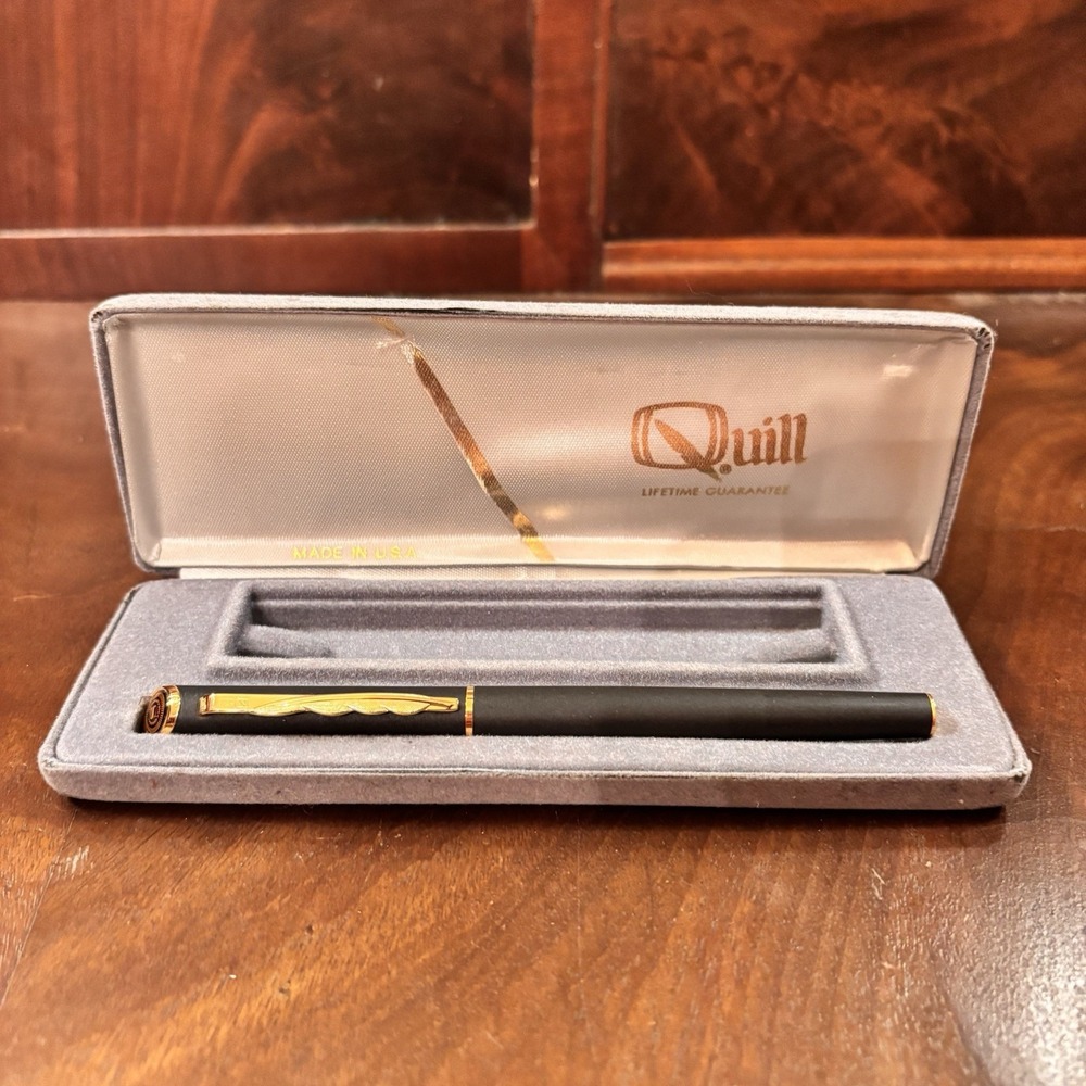 Vintage Quill Black Rollerball‎ Pen Gold Tone Trim w/ Case USA Needs Refill